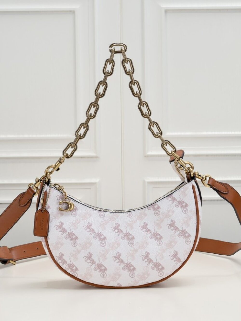 Coach Mira Horse & Carriage Print Crescent Bag with Chain - White/Brown - Picture 2 of 7